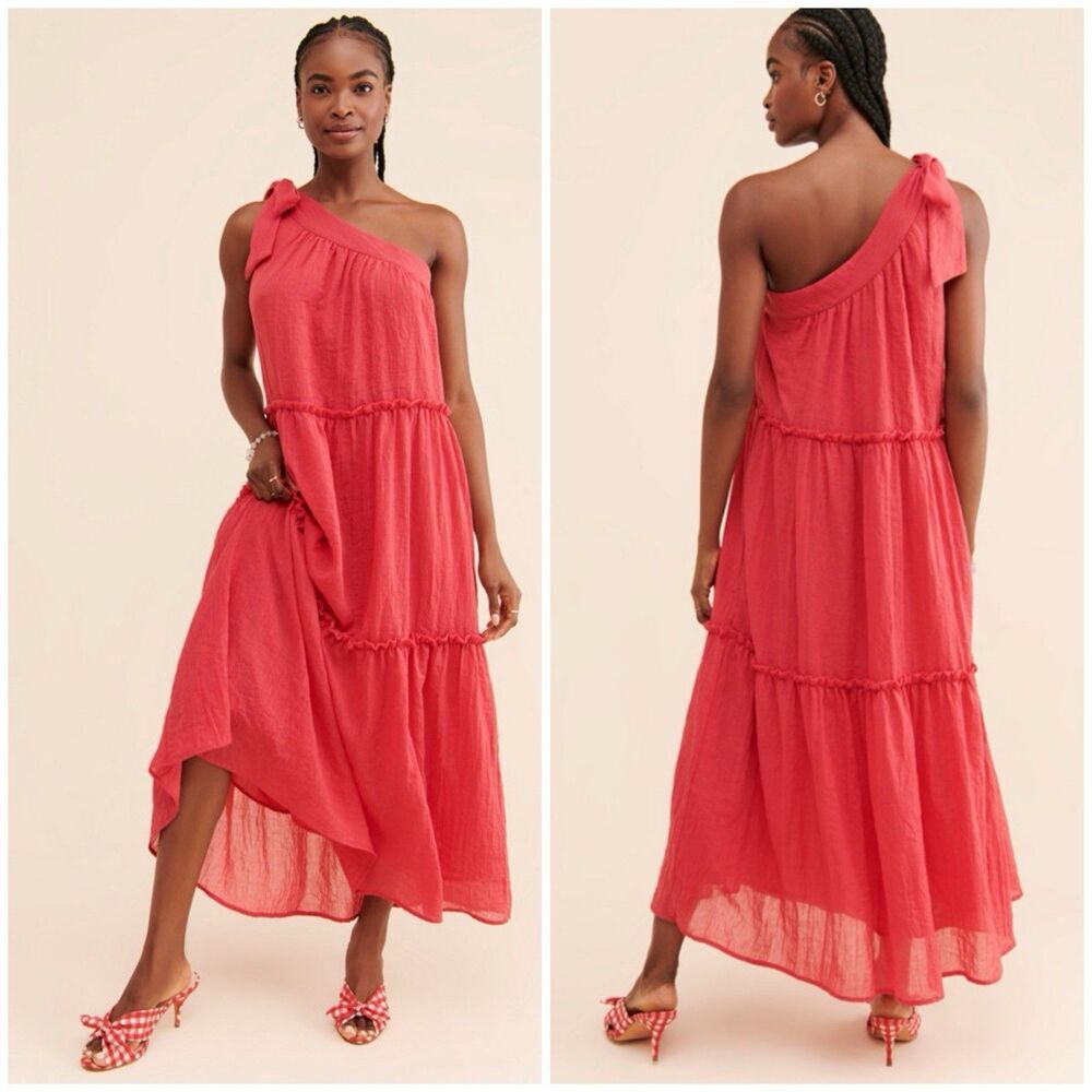 Anthropologie Endless Rose One Shoulder Tiered Maxi Dress Red Size Small Cotton